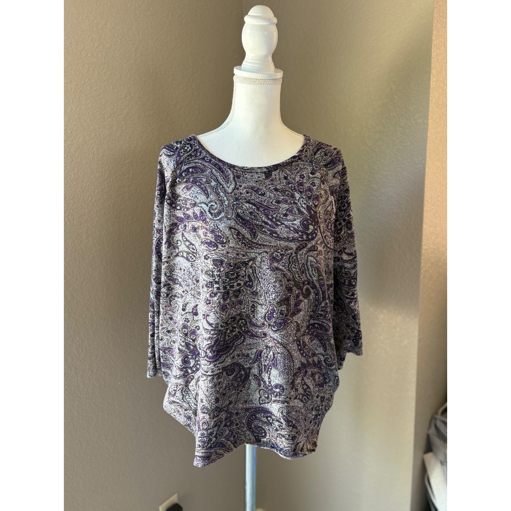 Basic Editions Womens XXL Purple Paisley 3/4 Sleeve Scoop Neck Relaxed Top